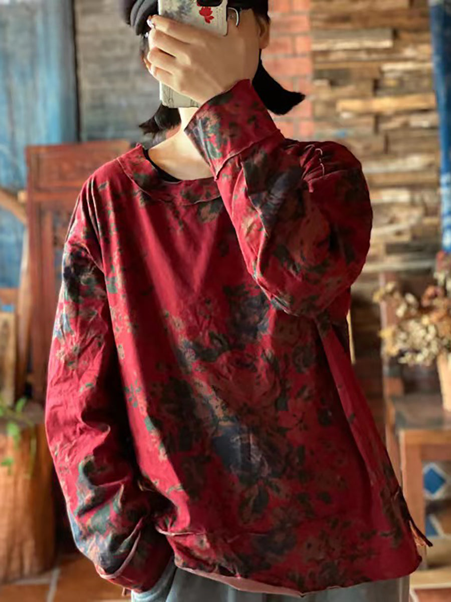 Plus Size Women Cotton Floral Vintage Long Sleeve Loose T Shirt