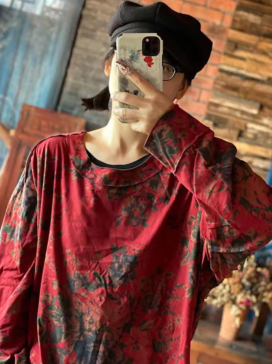 Plus Size Women Cotton Floral Vintage Long Sleeve Loose T Shirt