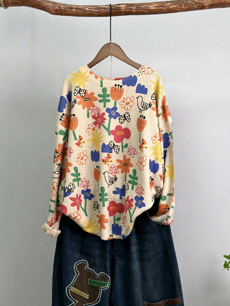 Women Autumn Cute Flower Print Knitted T-Shirt