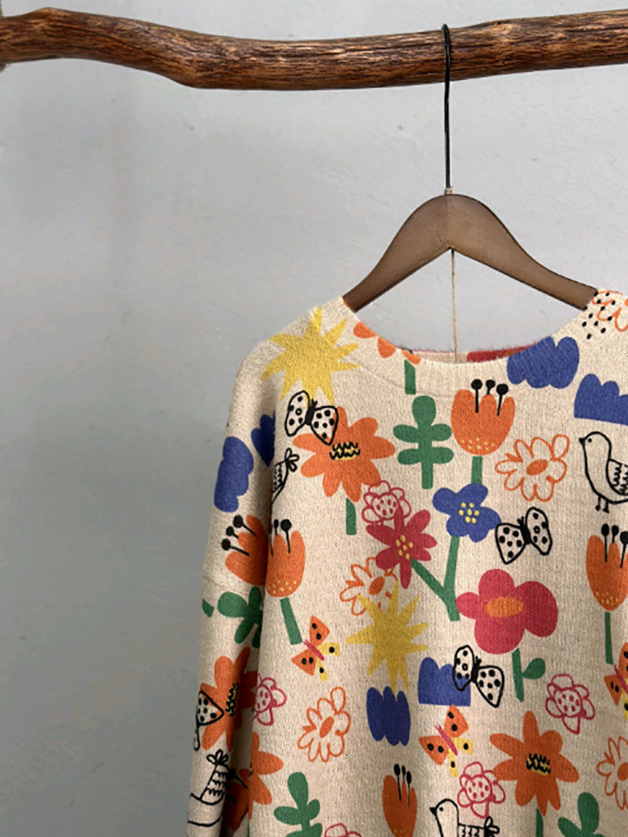 Women Autumn Cute Flower Print Knitted T-Shirt