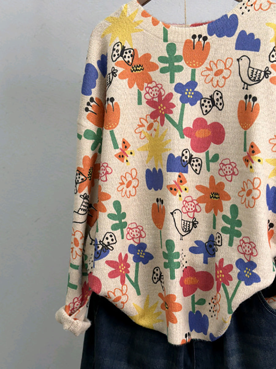 Women Autumn Cute Flower Print Knitted T-Shirt