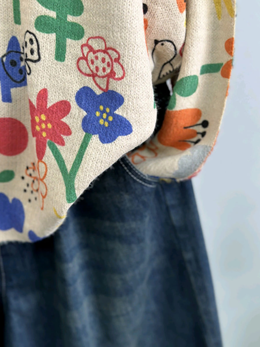 Women Autumn Cute Flower Print Knitted T-Shirt