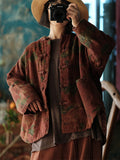 Women Ethnic Flower Stand Collar Cotton Coat