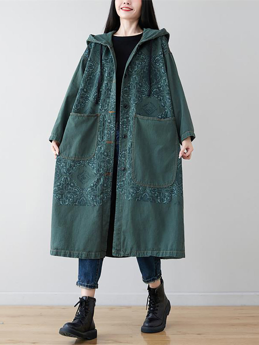 Plus Size Women Artsy Flower Spliced Long Denim Hooded Coat