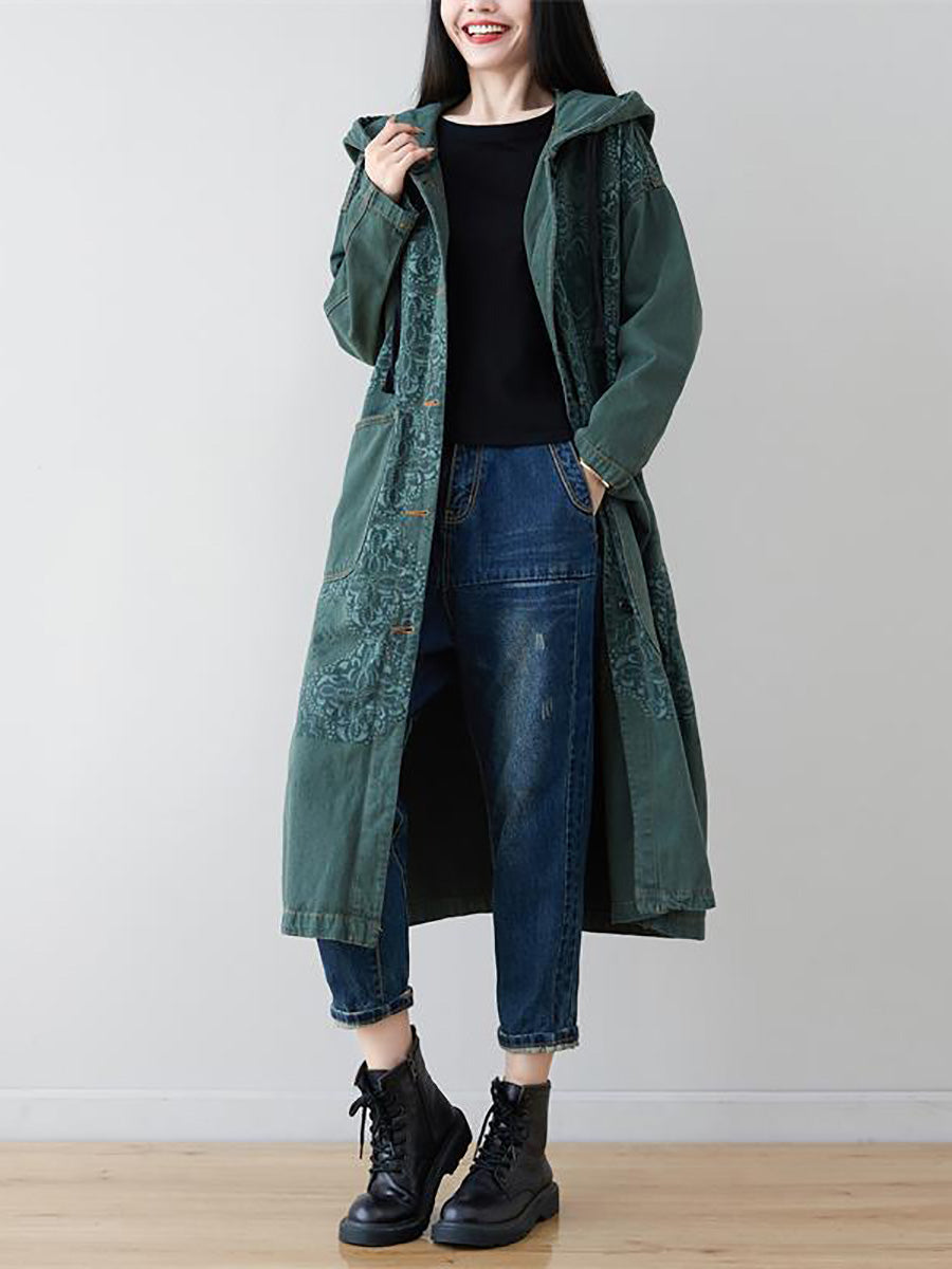Plus Size Women Artsy Flower Spliced Long Denim Hooded Coat