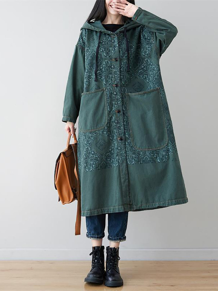Plus Size Women Artsy Flower Spliced Long Denim Hooded Coat