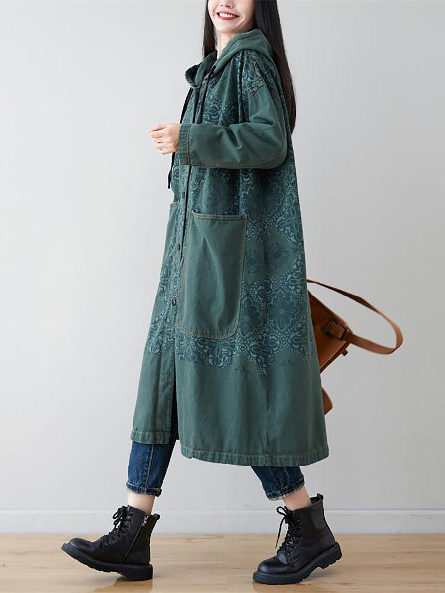 Plus Size Women Artsy Flower Spliced Long Denim Hooded Coat