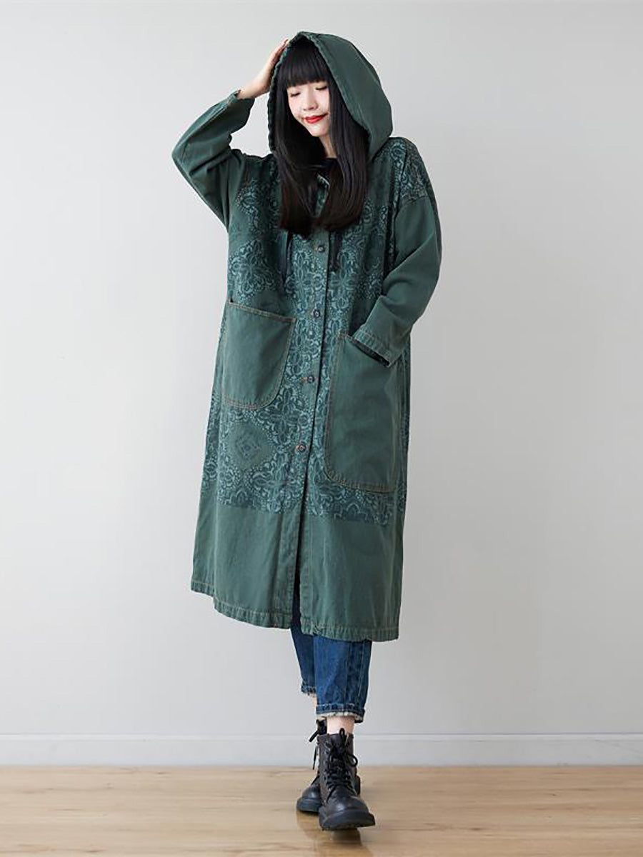 Plus Size Women Artsy Flower Spliced Long Denim Hooded Coat