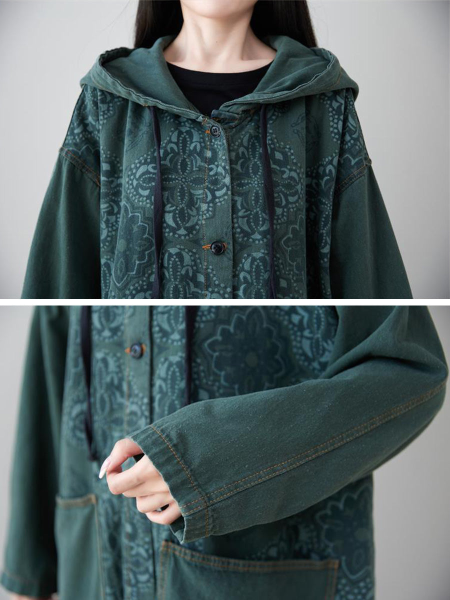 Plus Size Women Artsy Flower Spliced Long Denim Hooded Coat