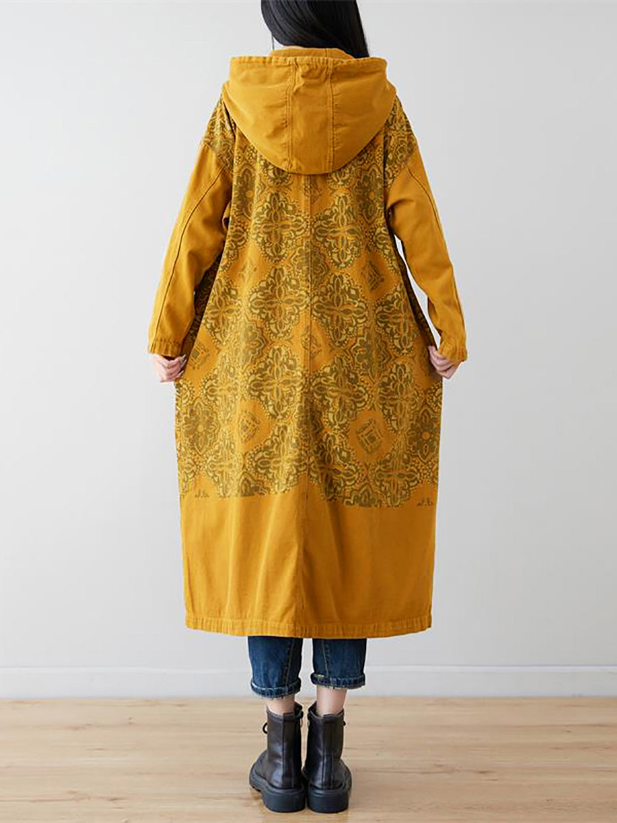 Plus Size Women Artsy Flower Spliced Long Denim Hooded Coat