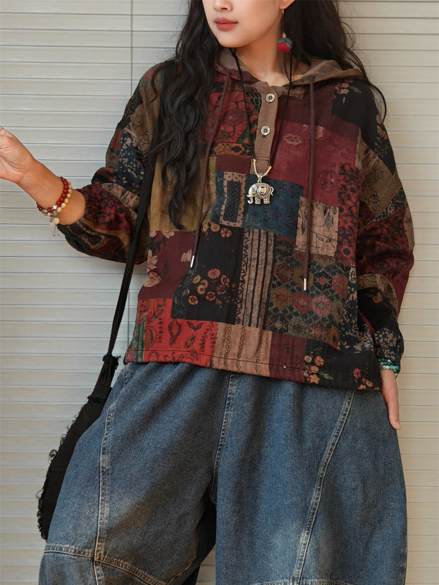 Plus Size Women Autumn Cotton Patchwork Hooded Sweatshirt