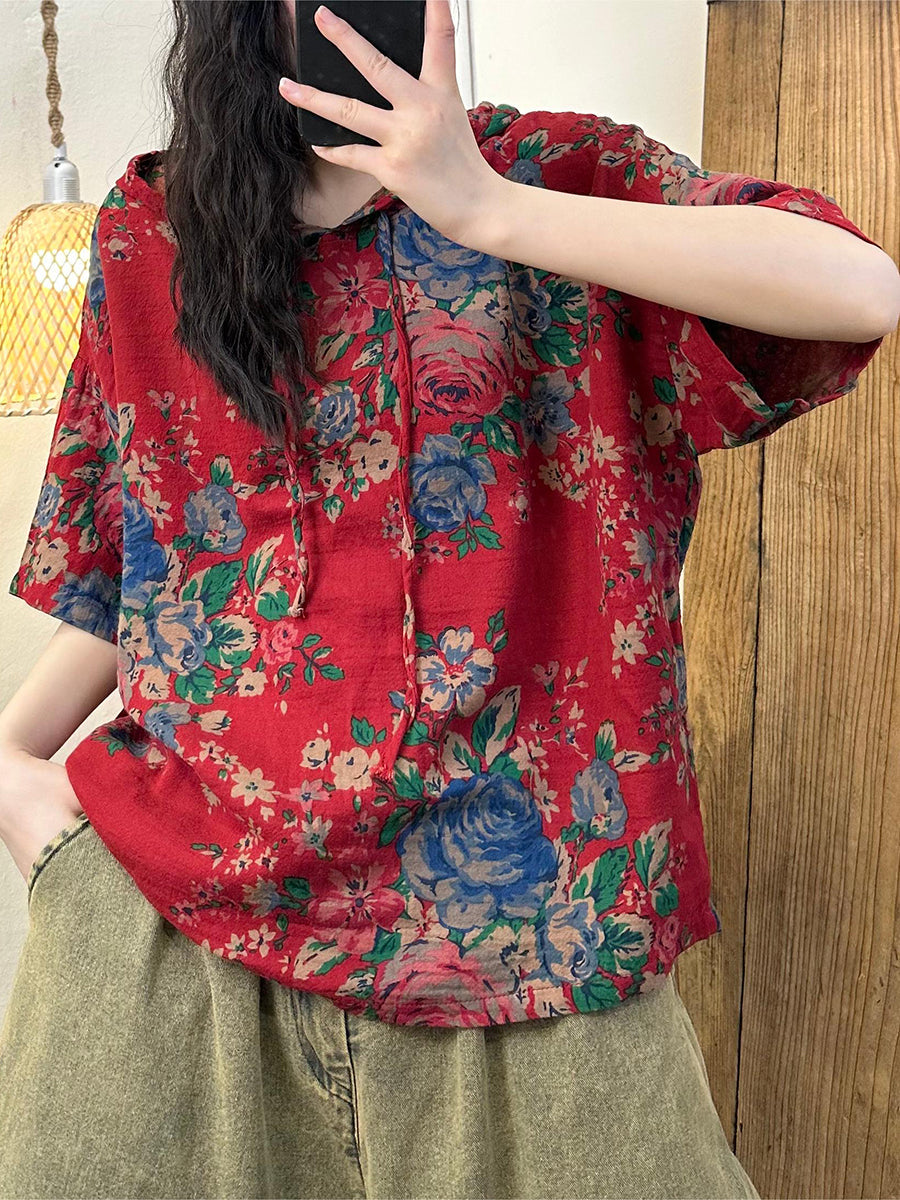 Plus Size Women Summer Retro Print Cotton Hooded Hoodie