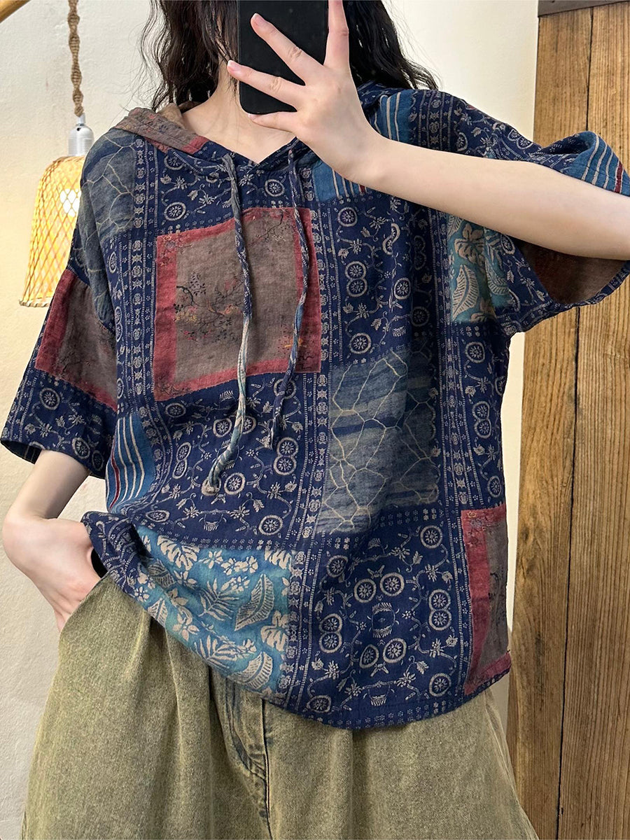 Plus Size Women Summer Retro Print Cotton Hooded Hoodie