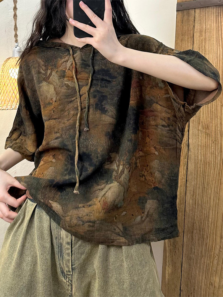 Plus Size Women Summer Retro Print Cotton Hooded Hoodie
