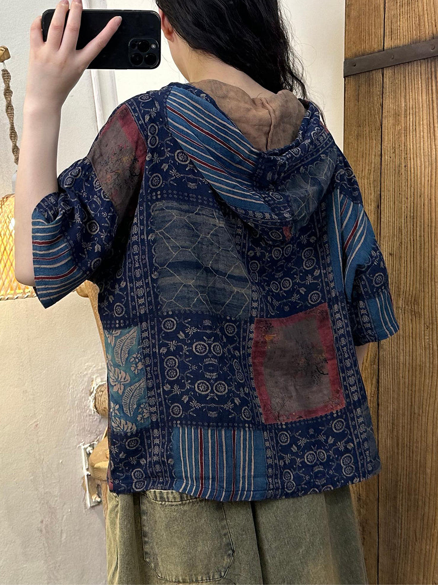 Plus Size Women Summer Retro Print Cotton Hooded Hoodie