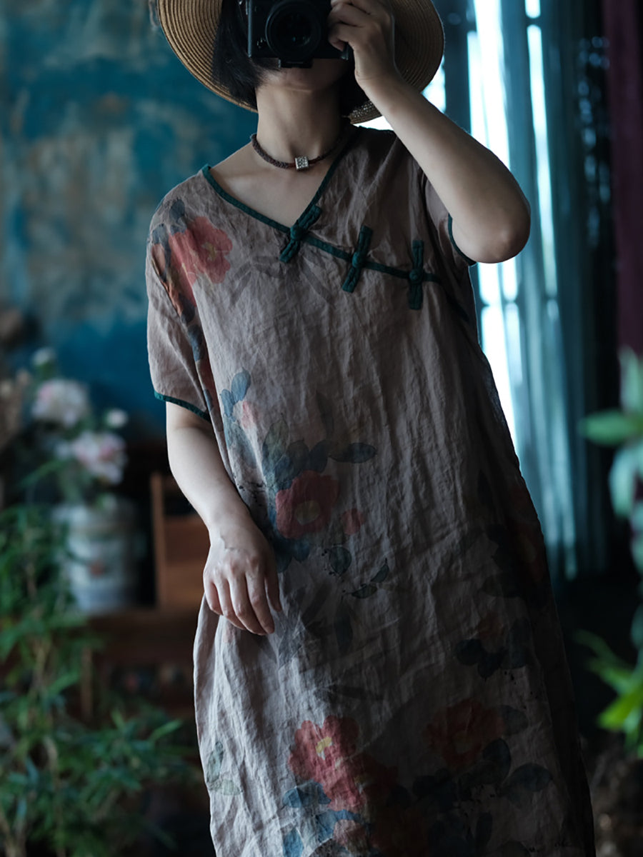 Plus Size Women Ethnic Summer Flower Print Buckle Ramie Dress