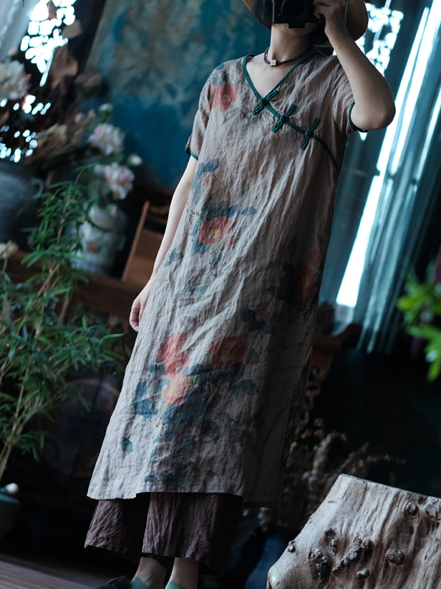 Plus Size Women Ethnic Summer Flower Print Buckle Ramie Dress