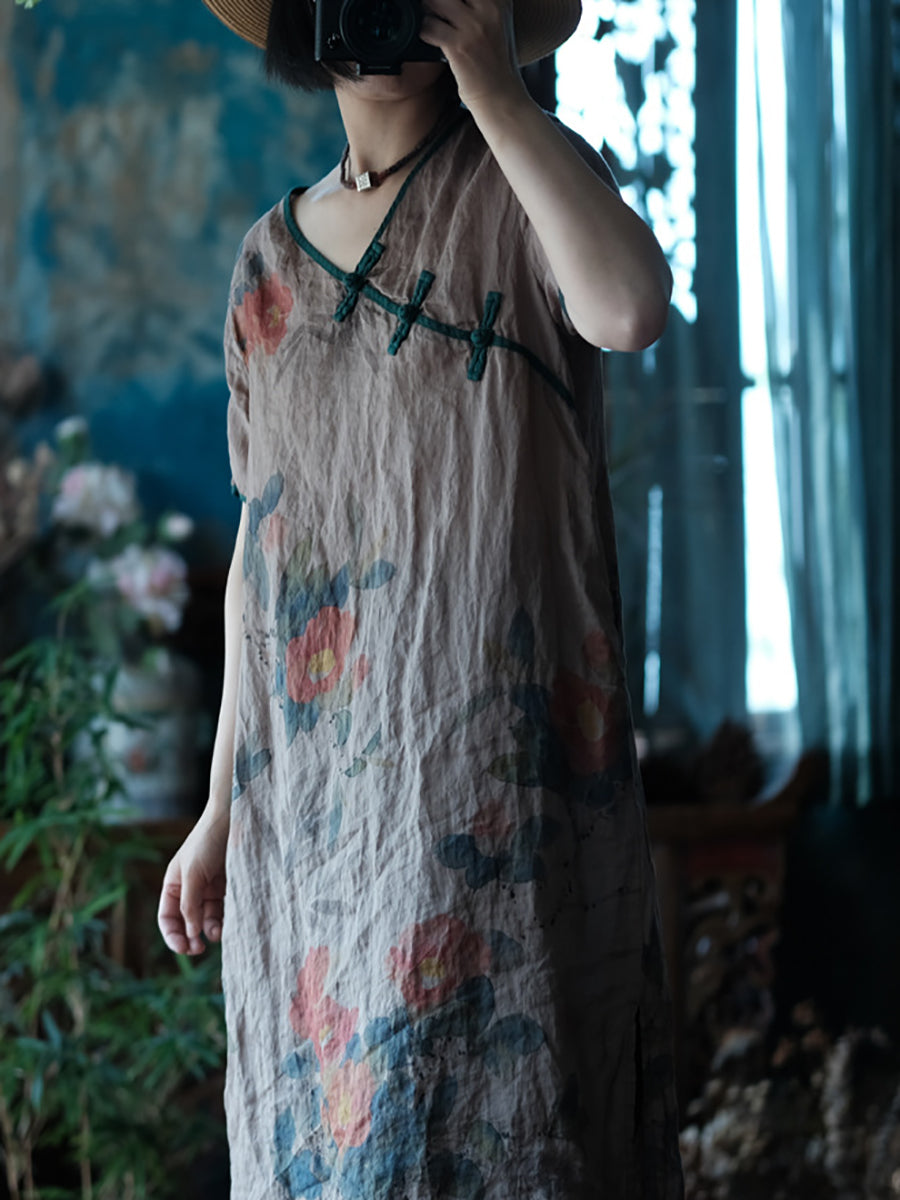 Plus Size Women Ethnic Summer Flower Print Buckle Ramie Dress