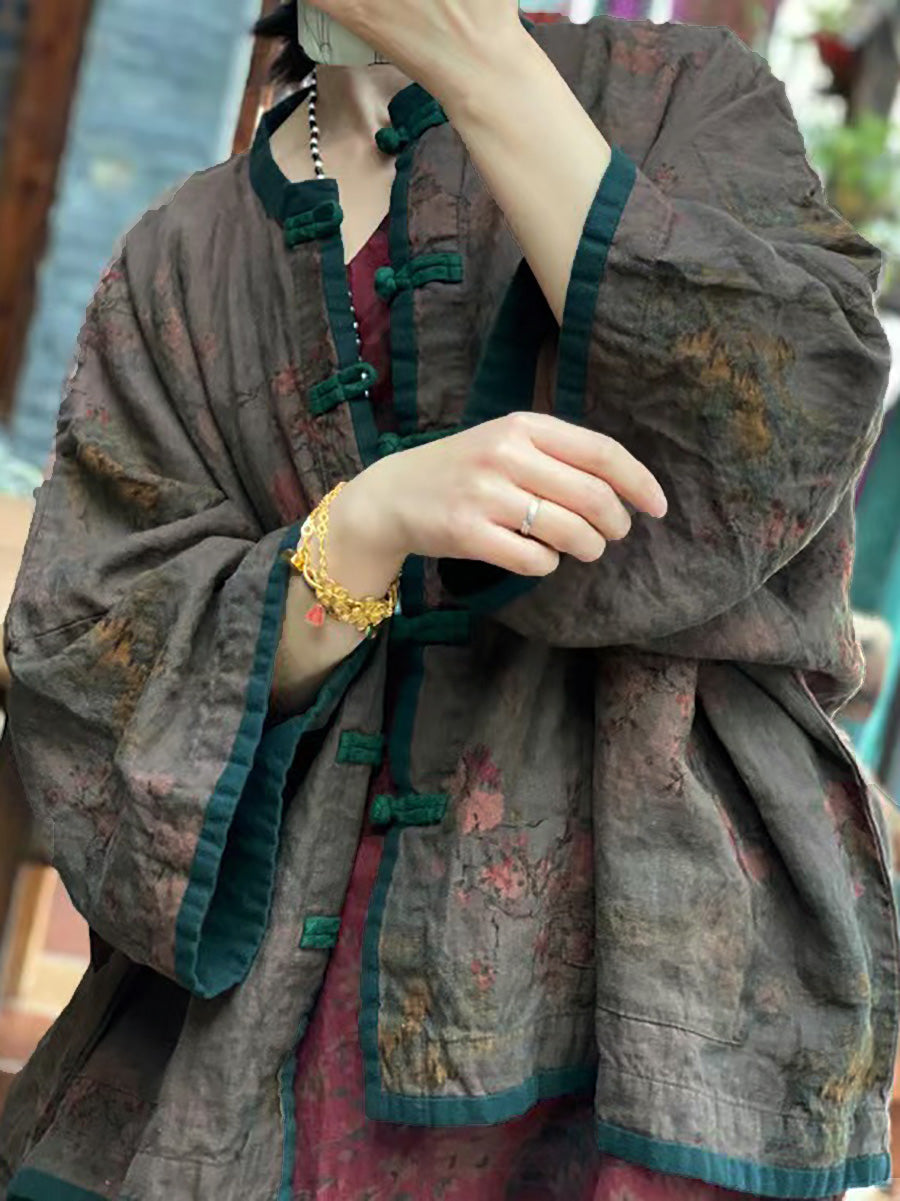 Women Autumn Vintage Flower Colorblock Button-up Linen Coat