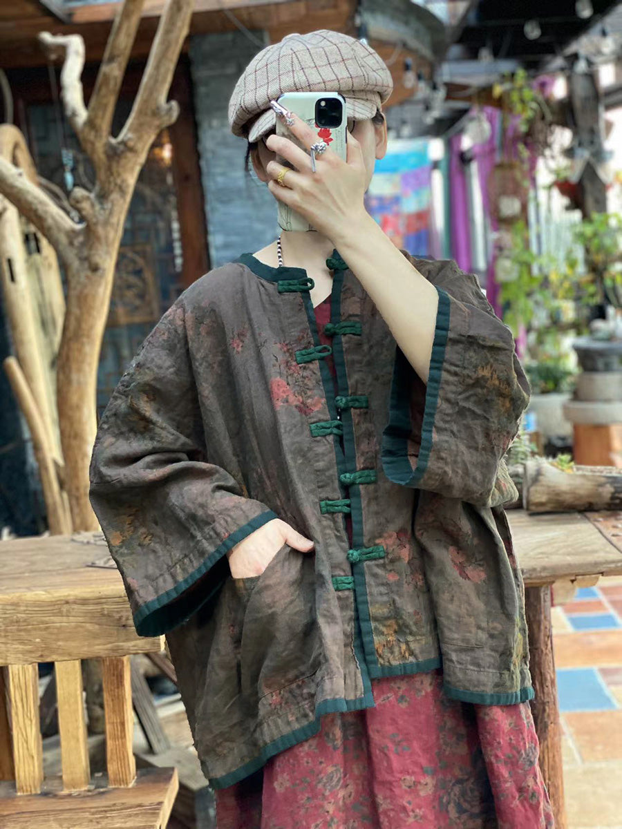 Women Autumn Vintage Flower Colorblock Button-up Linen Coat