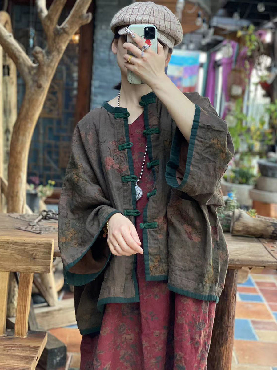 Women Autumn Vintage Flower Colorblock Button-up Linen Coat