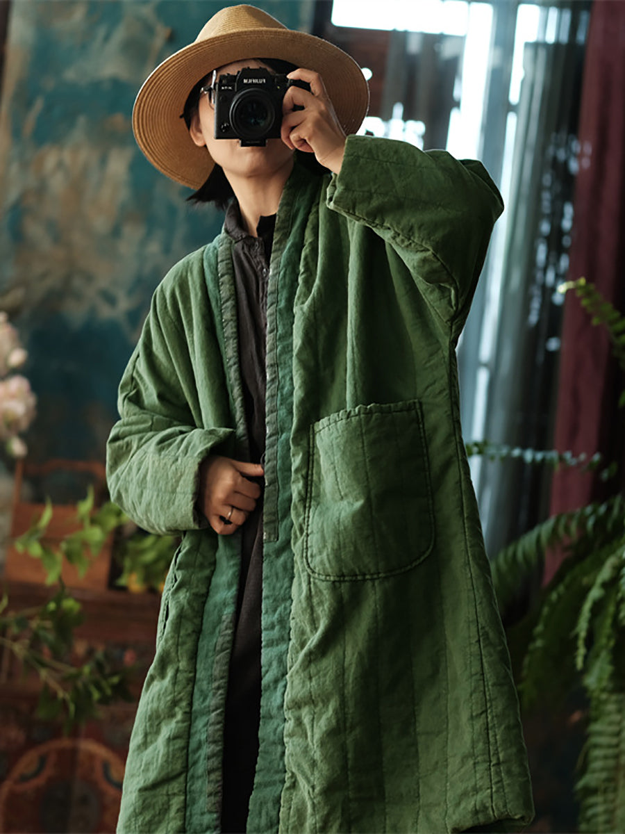 Plus  Size Women Winter Vintage Colorblock Pocket Cotton Long Coat