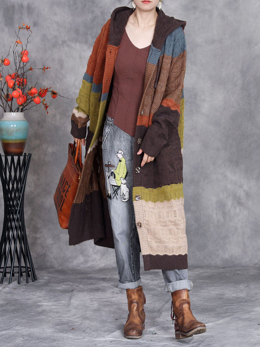 Women Autumn Colorblock Knitted Hooded Sweater Long Coat