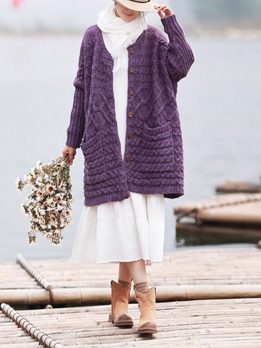Plus Size Women Autumn Artsy Solid O-neck Cable Knit Sweater Coat