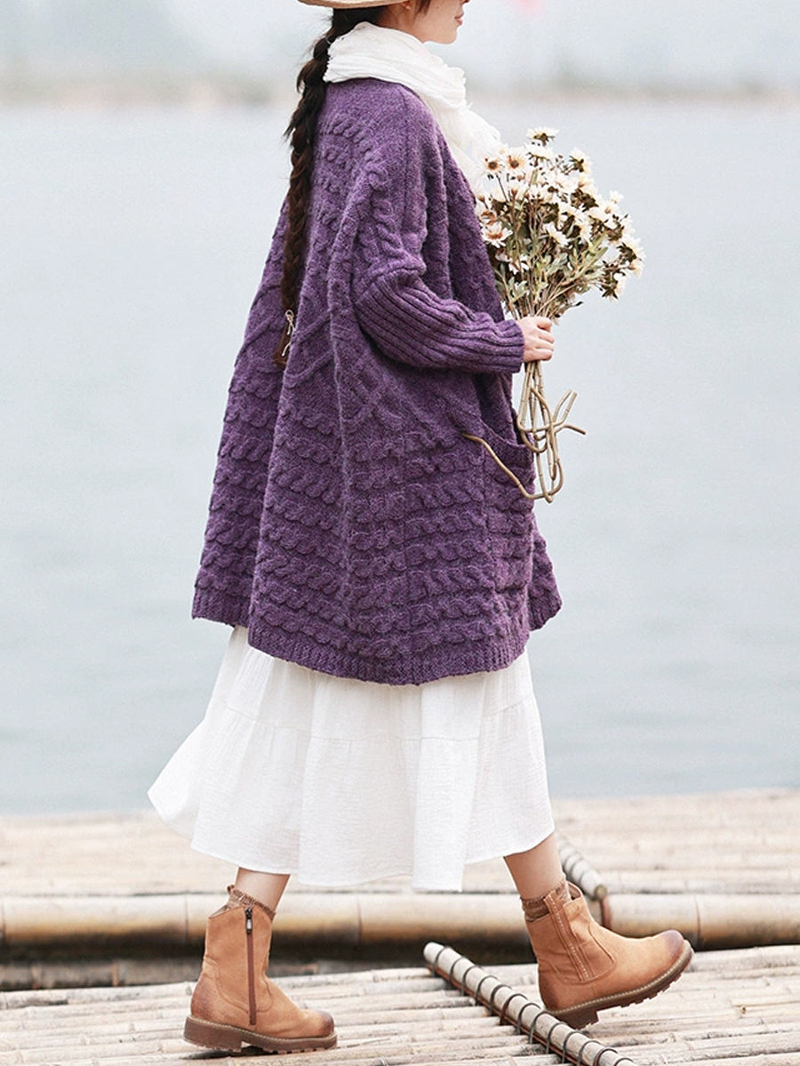 Plus Size Women Autumn Artsy Solid O-neck Cable Knit Sweater Coat