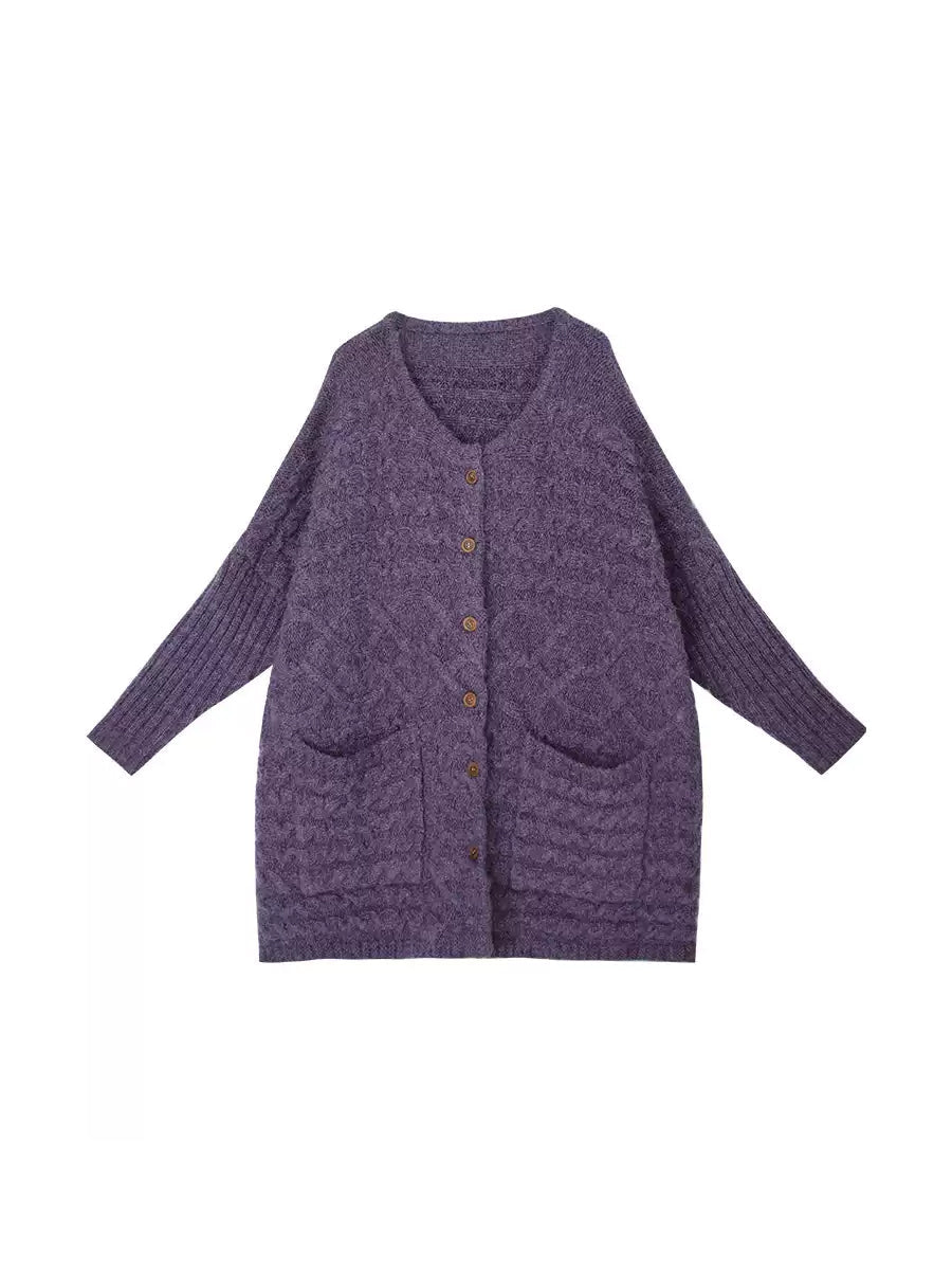 Plus Size Women Autumn Artsy Solid O-neck Cable Knit Sweater Coat
