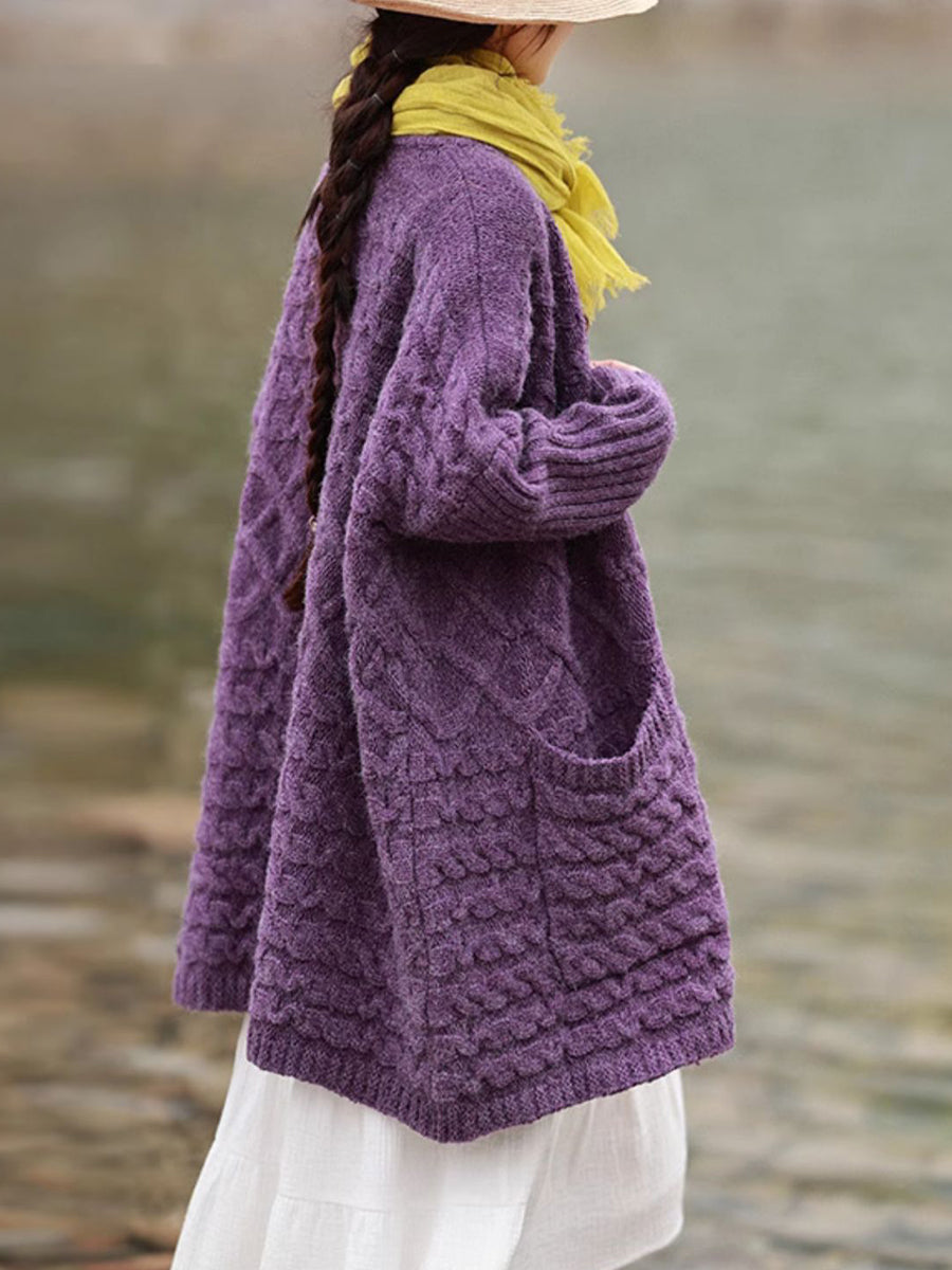 Plus Size Women Autumn Artsy Solid O-neck Cable Knit Sweater Coat