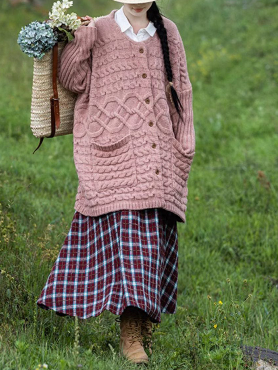 Plus Size Women Autumn Artsy Solid O-neck Cable Knit Sweater Coat