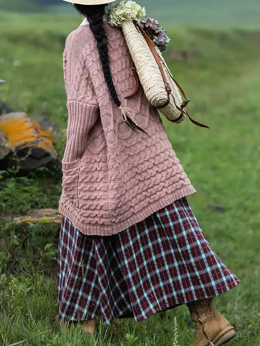Plus Size Women Autumn Artsy Solid O-neck Cable Knit Sweater Coat