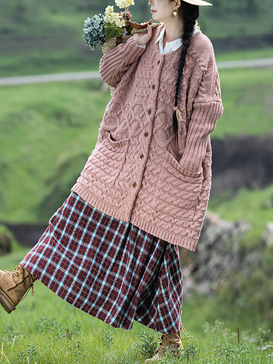 Plus Size Women Autumn Artsy Solid O-neck Cable Knit Sweater Coat