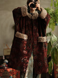 Plus Size Women Winter Retro Flower Croduroy Fleece Spliced O-Neck Coat