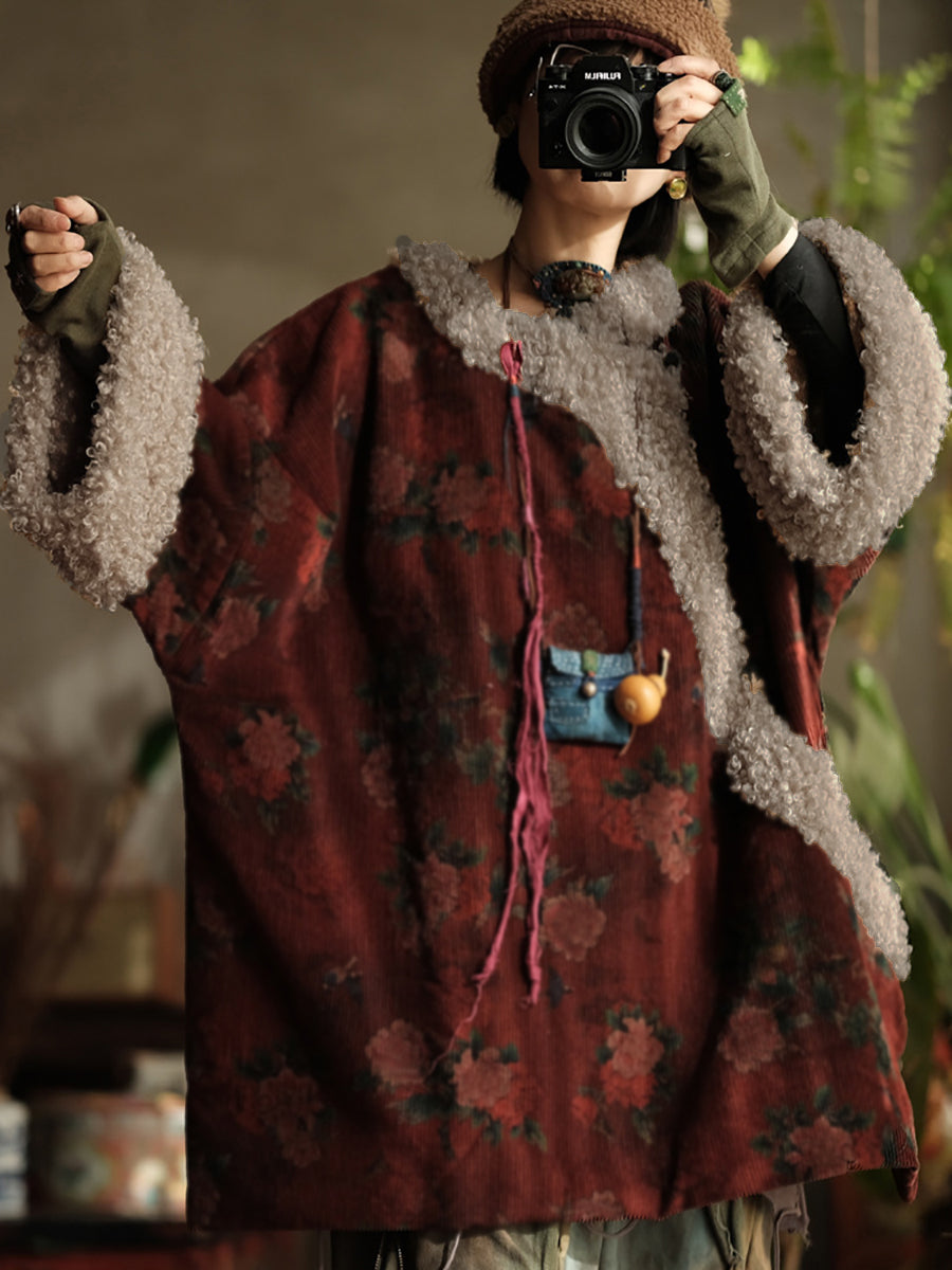 Plus Size Women Ethnic Flower Fleece Spliced Corduroy Padded Coat