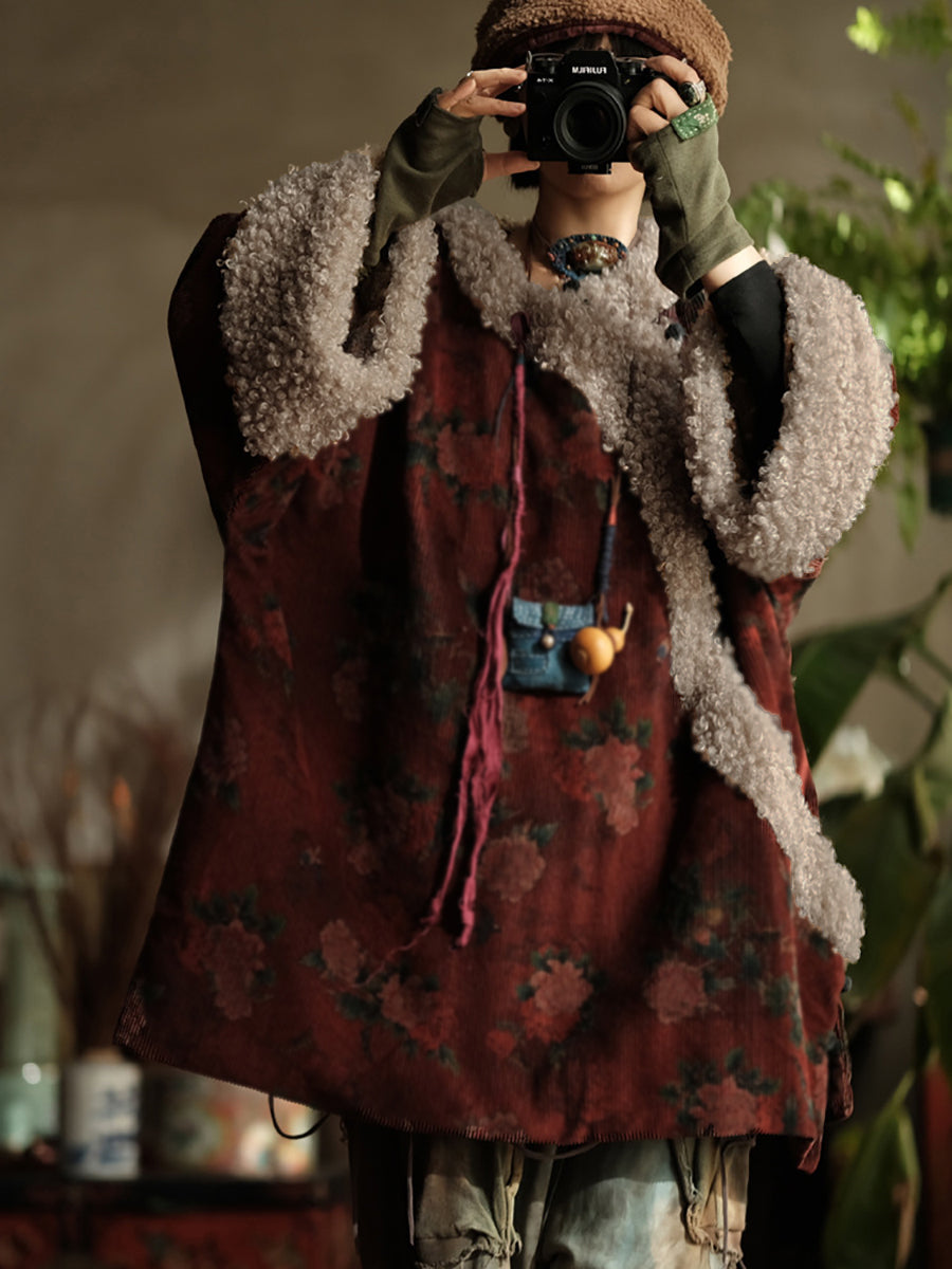 Plus Size Women Ethnic Flower Fleece Spliced Corduroy Padded Coat