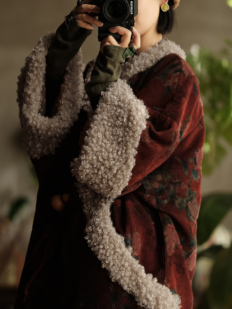 Plus Size Women Ethnic Flower Fleece Spliced Corduroy Padded Coat