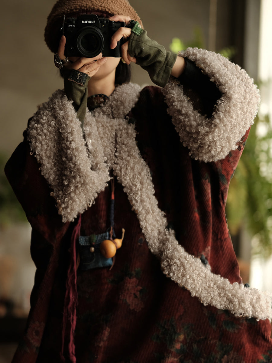 Plus Size Women Ethnic Flower Fleece Spliced Corduroy Padded Coat