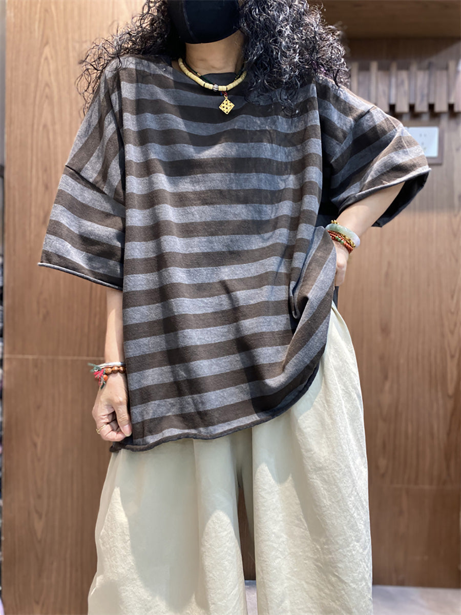Plus size Women Summer Stripe Colorblock O-Neck T-Shirt