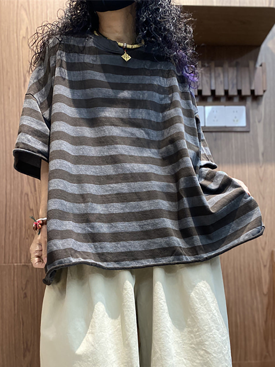 Plus size Women Summer Stripe Colorblock O-Neck T-Shirt