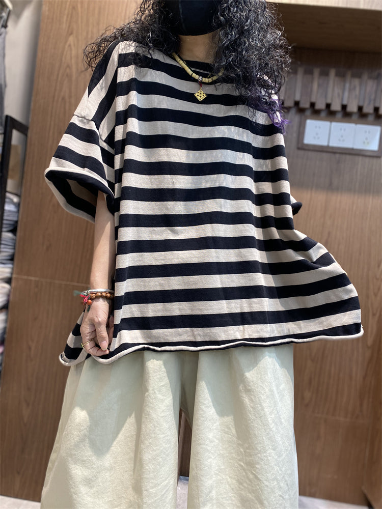 Plus size Women Summer Stripe Colorblock O-Neck T-Shirt