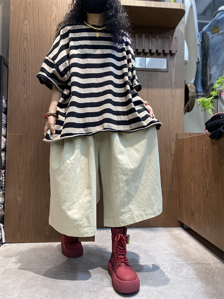 Plus size Women Summer Stripe Colorblock O-Neck T-Shirt