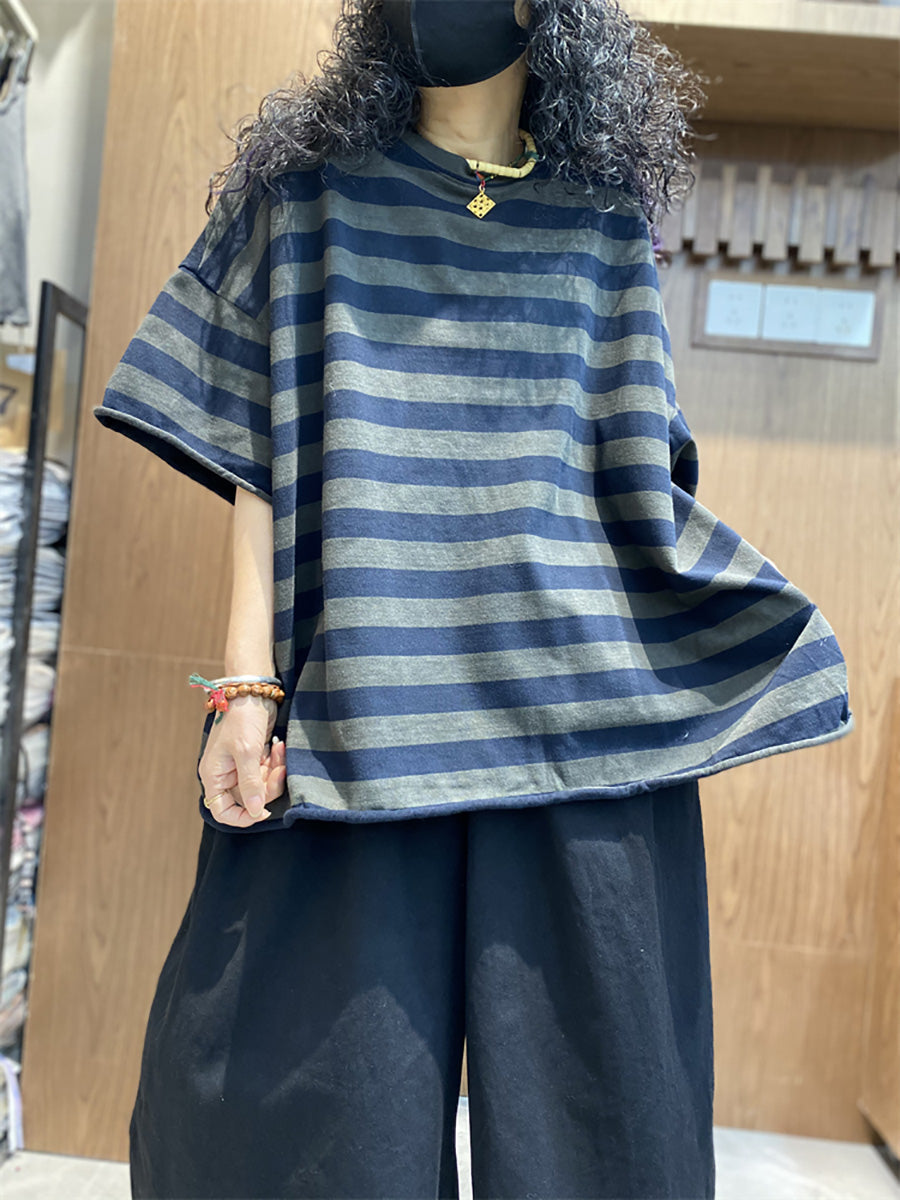 Plus size Women Summer Stripe Colorblock O-Neck T-Shirt