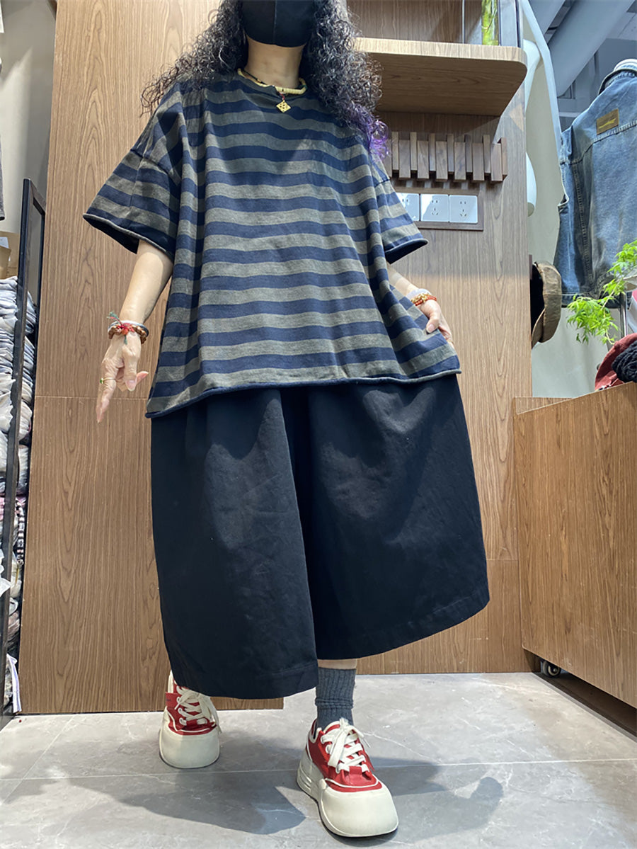 Plus size Women Summer Stripe Colorblock O-Neck T-Shirt
