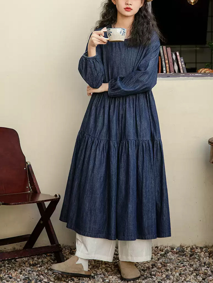 Plus Size Women Spring Pure Color O-Neck Denim Dress