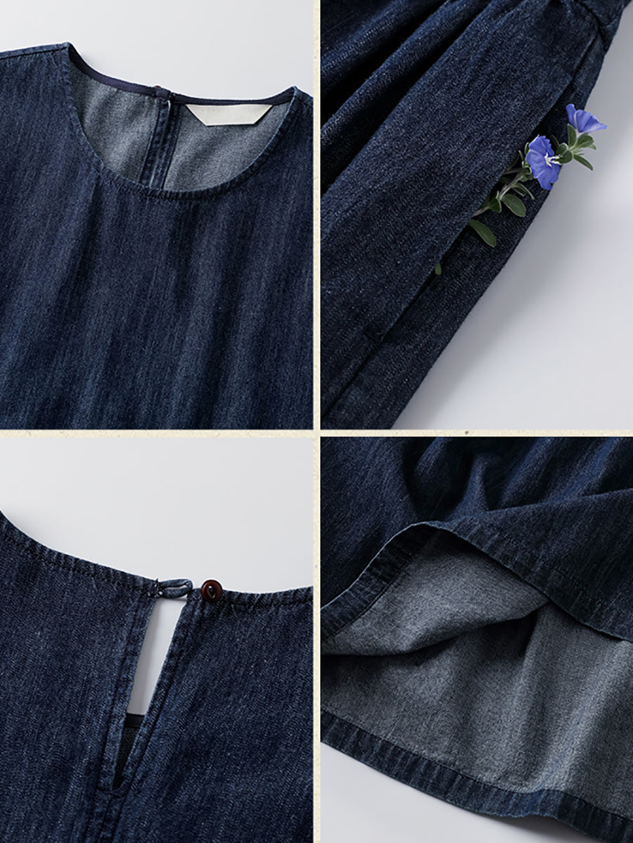 Plus Size Women Spring Pure Color O-Neck Denim Dress