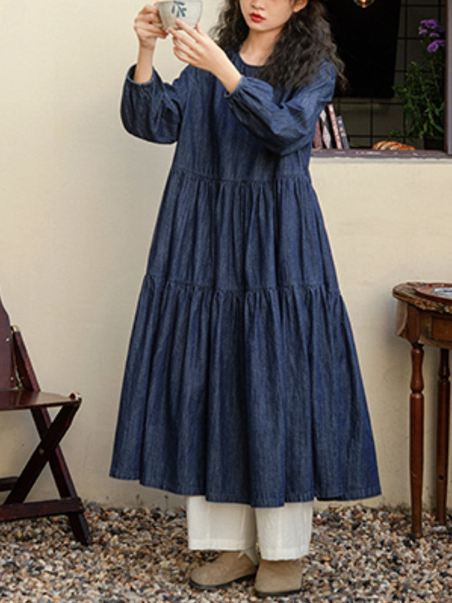Plus Size Women Spring Pure Color O-Neck Denim Dress
