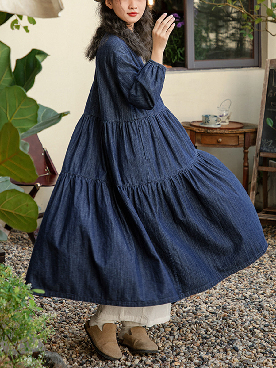 Plus Size Women Spring Pure Color O-Neck Denim Dress