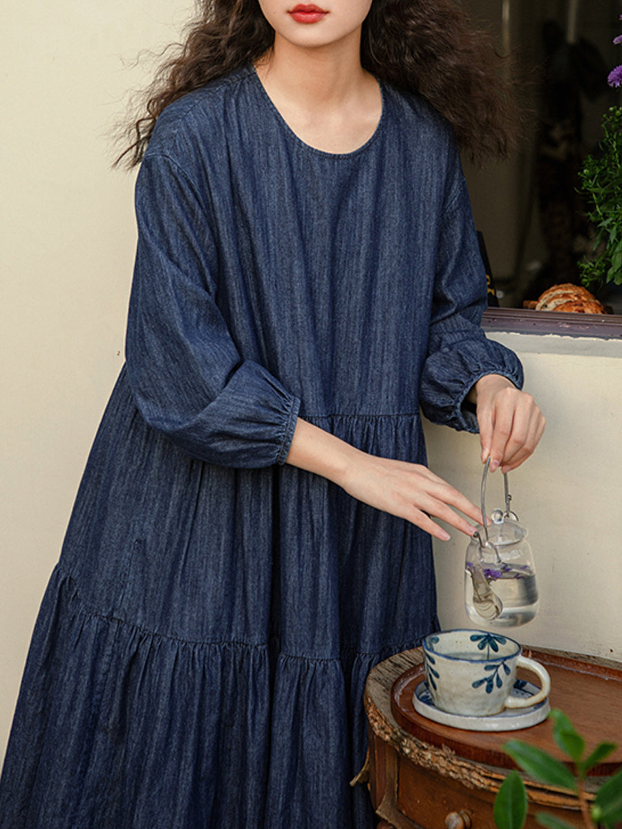 Plus Size Women Spring Pure Color O-Neck Denim Dress